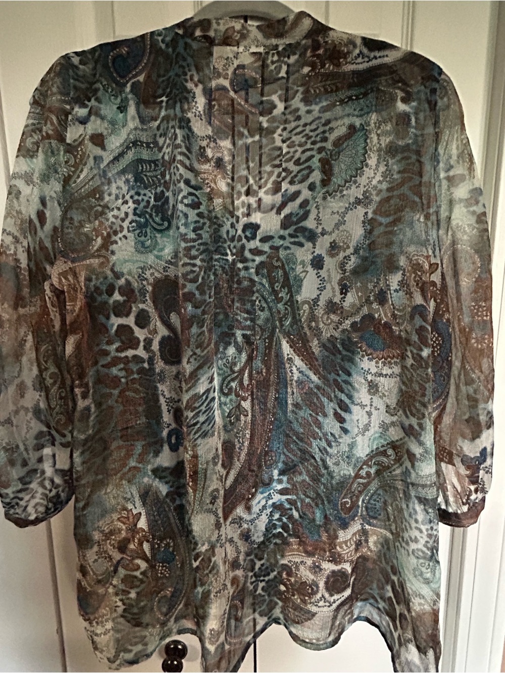 Dressbarn Sheer Paisley-Print Tunic Blouse in Teal and Brown - Picture 9 of 9